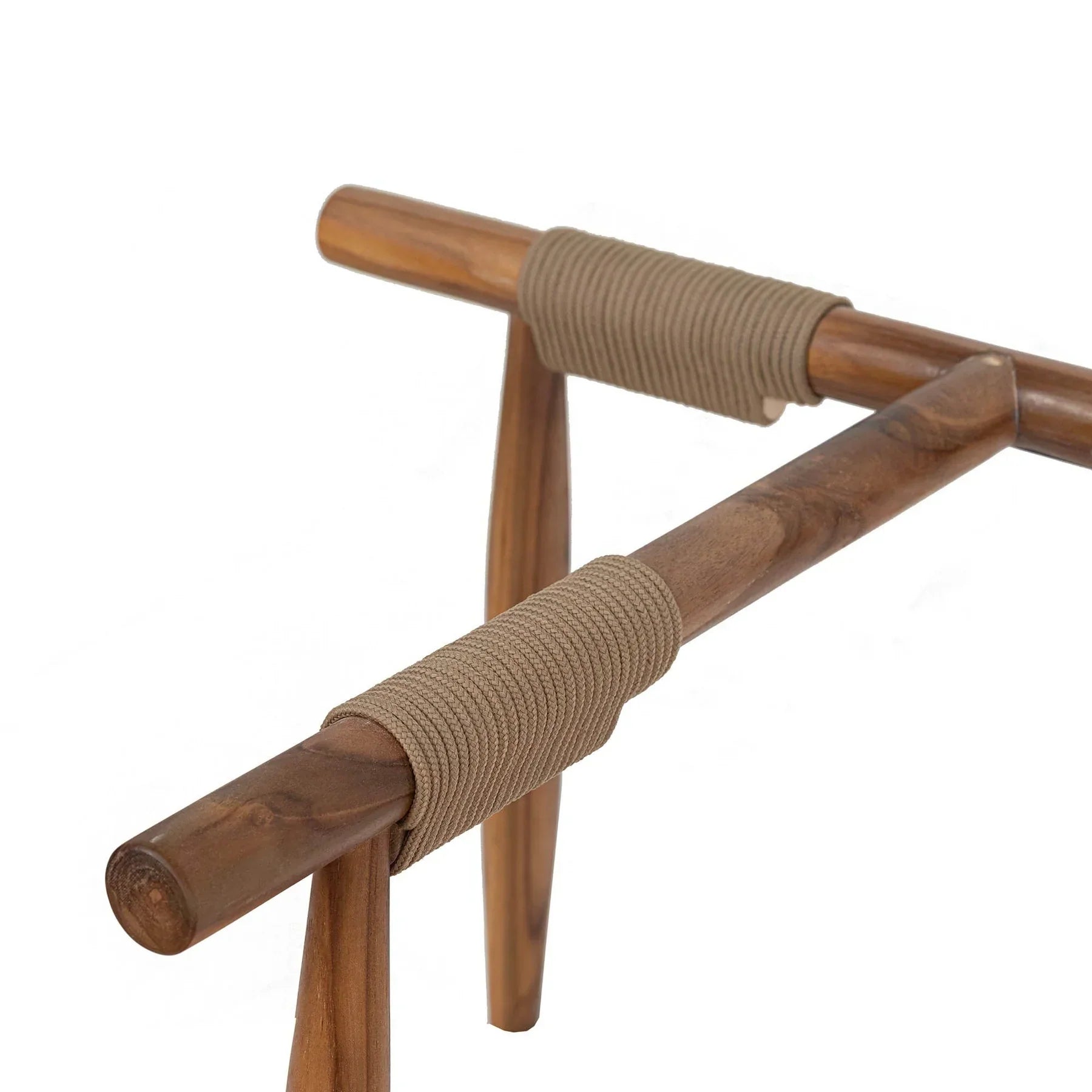 Front view of the Vineyard outdoor coffee table featuring a circular tempered glass top and a natural teak wood tripod base