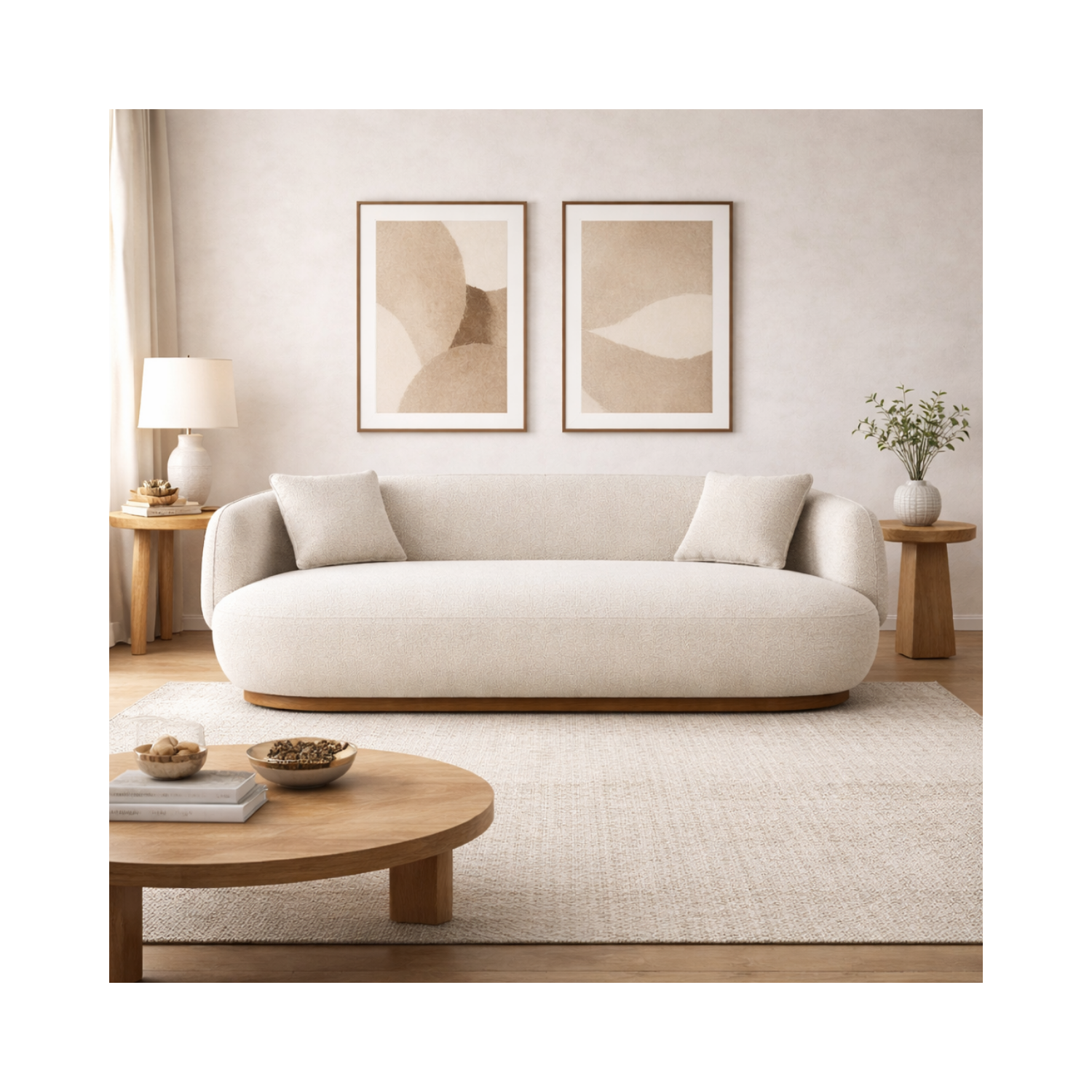 Luna Premium Boucle Sofa with two pillows in cream boucle fabric with curved modern silhouette and wooden base