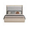 Front view of the Velar storage bed featuring integrated LED headboard lighting and horizontal channel tufted gray upholstery