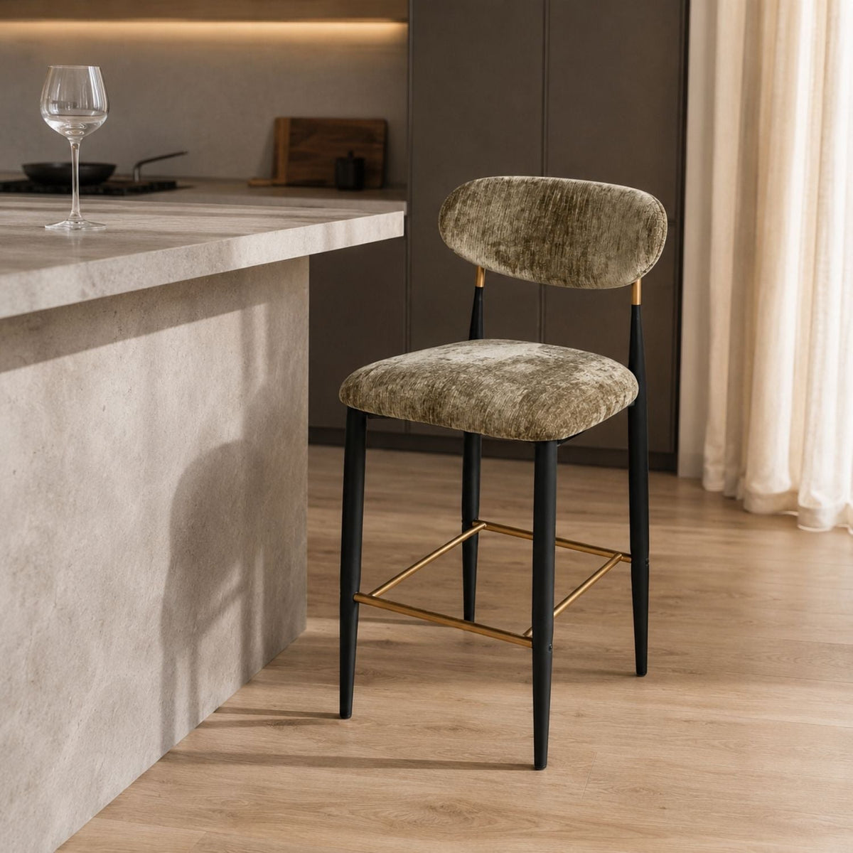Vera Upholstered Counter Stool in Green with Matte Black & Gold Legs-thumbmail-2