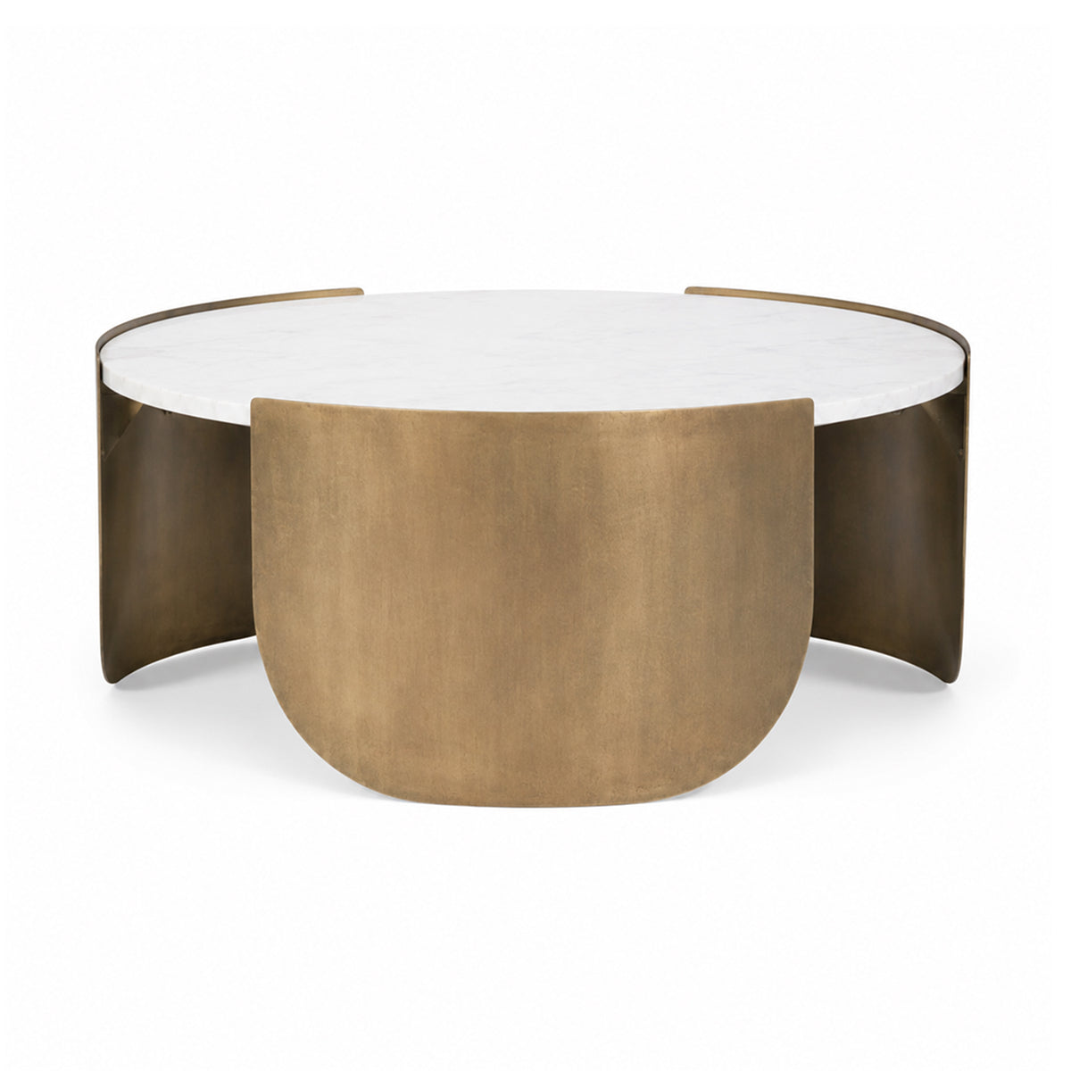 Front view of the Verker coffee table featuring a thick circular white marble top with subtle grey veining and an antique brass curved metal base