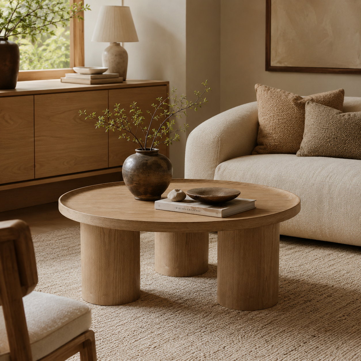 Front view of the Viggo round coffee table featuring a natural wood finish and three chunky cylindrical pedestal legs