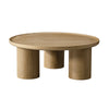Front view of the Viggo round coffee table featuring a natural wood finish and three chunky cylindrical pedestal legs