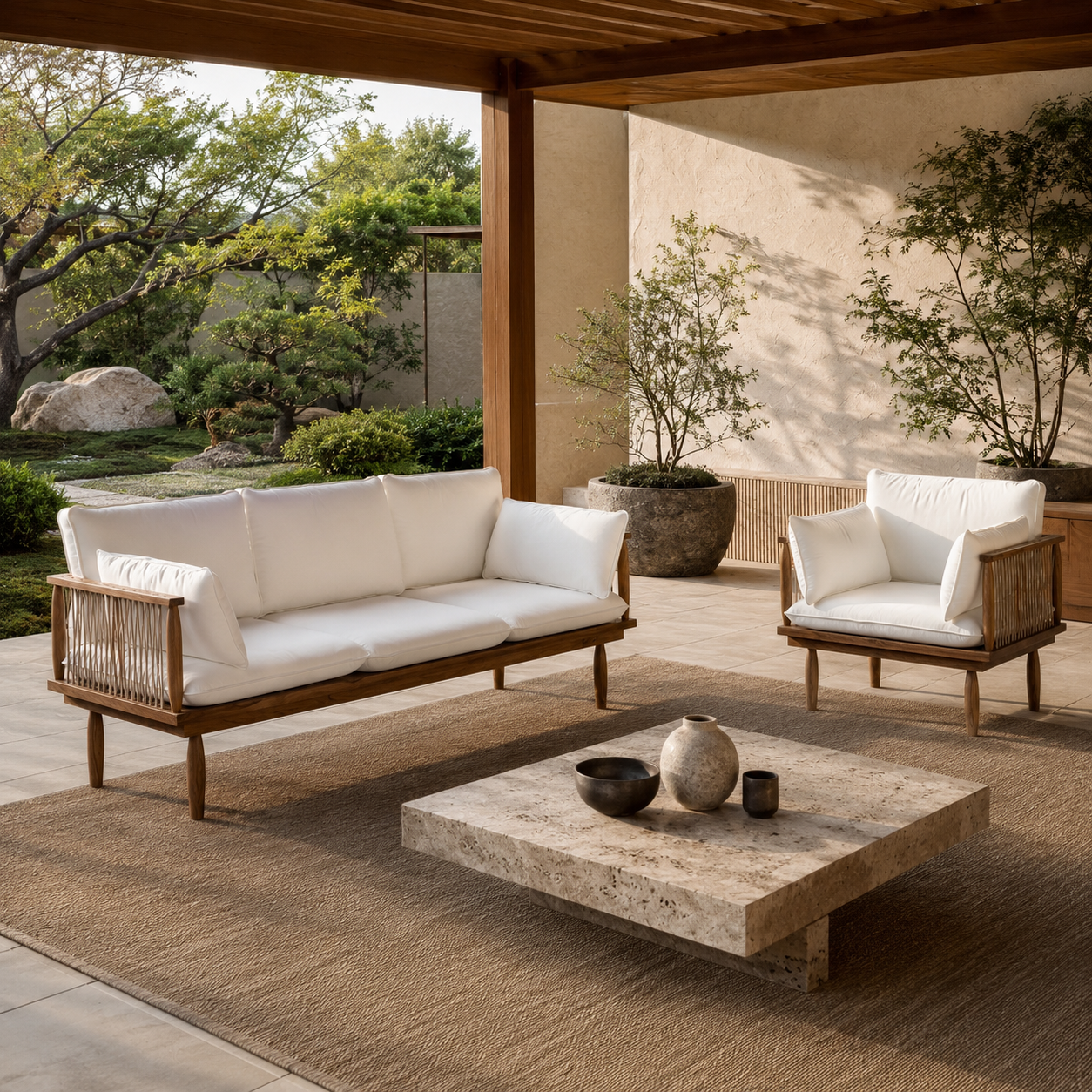 Vineyard outdoor sofa front view with teak wood frame and white olefin cushions