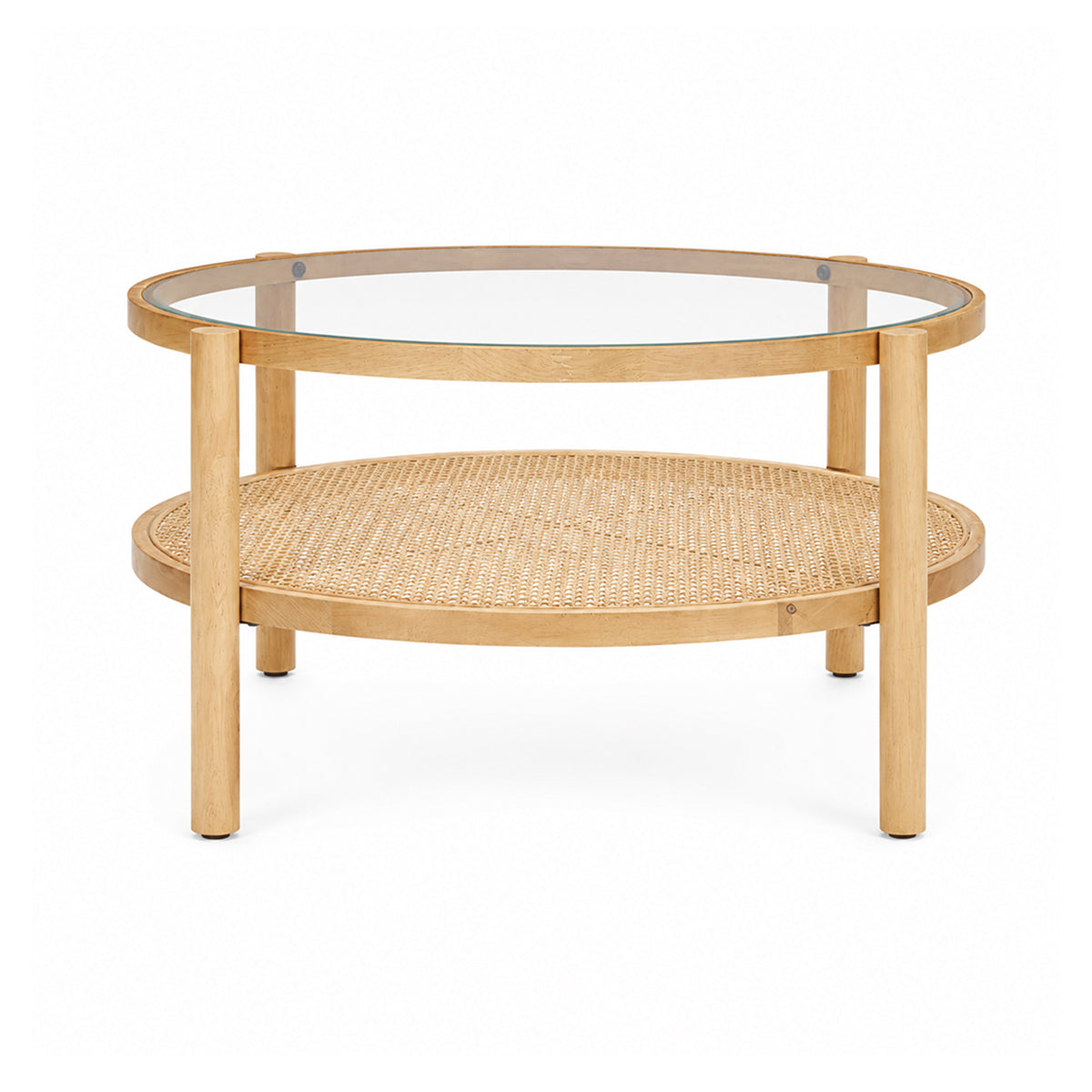 Front view of the Weslyn coffee table featuring a circular glass top and a natural woven cane lower storage shelf