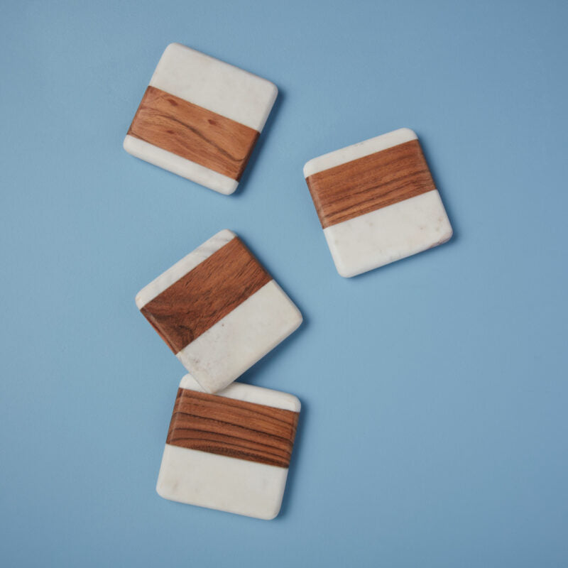White Marble & Wood Square Coasters - Set of 4