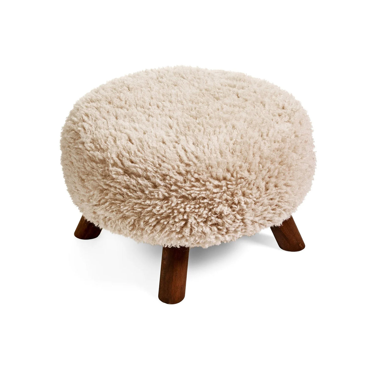 Front view of a round white faux fur upholstered stool with three tapered dark wood legs