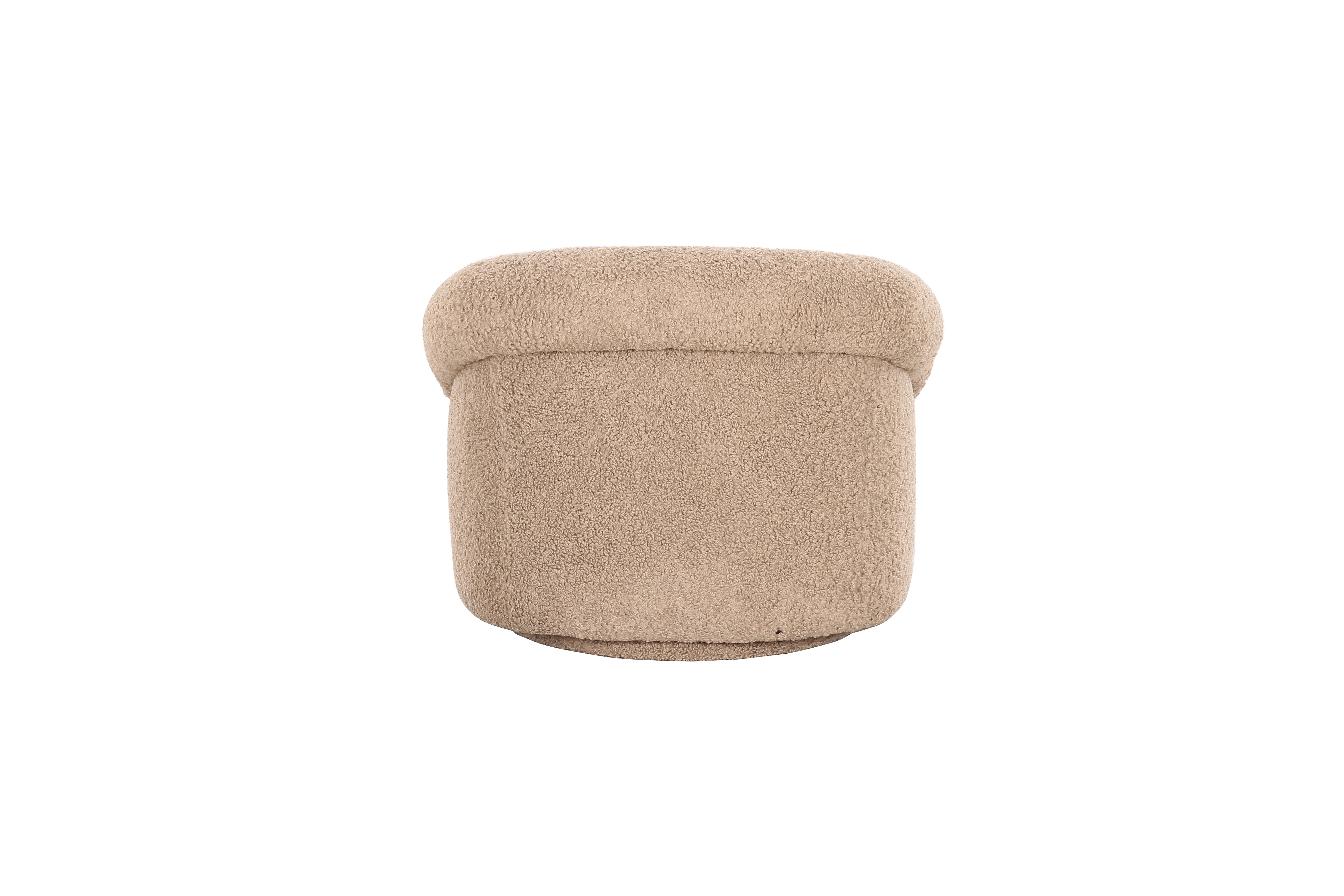 Front view of the Mollis swivel accent chair in beige bouclé featuring a rounded sculptural silhouette and plush integrated armrests