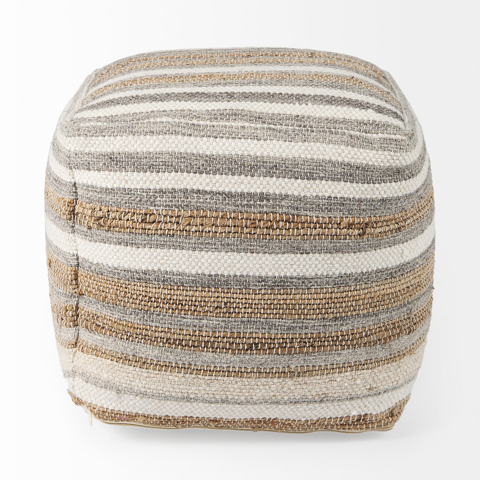 Elevated angled view showcasing the uniform striped pattern across the top and sides of the woven ottoman