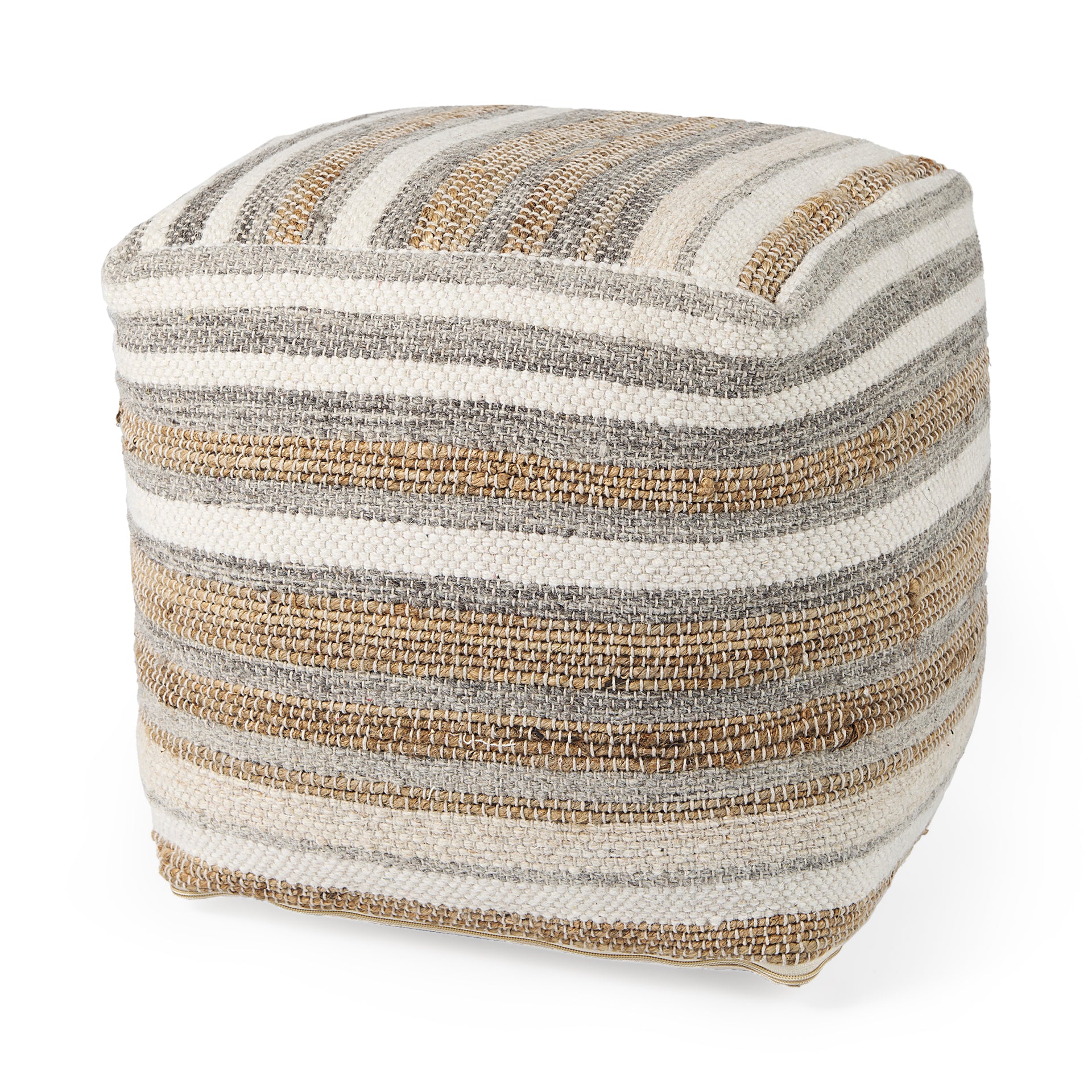 Elevated angled view showcasing the uniform striped pattern across the top and sides of the woven ottoman