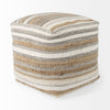 Front view of the Aahana cubic floor pouf featuring a hand-woven horizontal stripe pattern in white, taupe, and gray