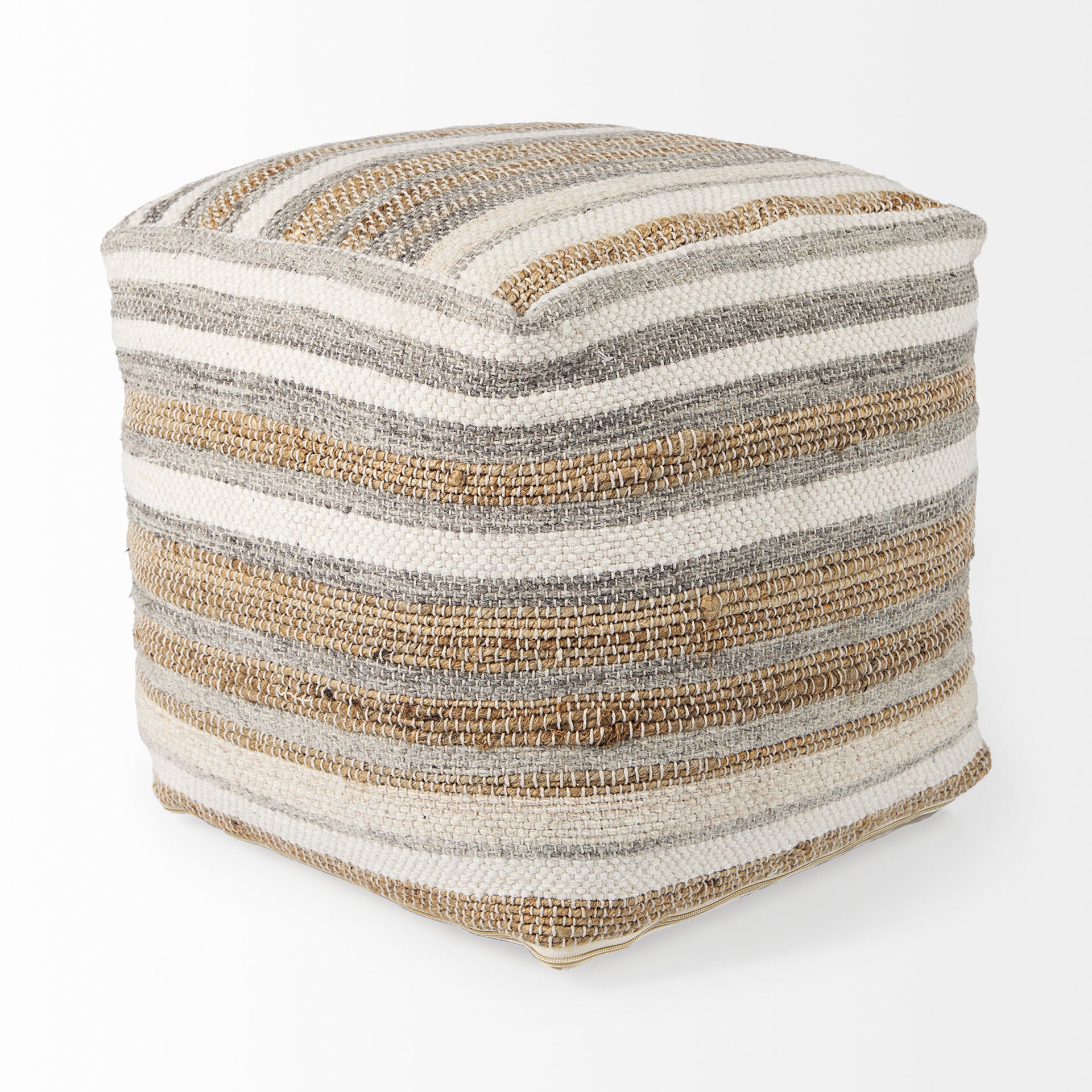 Elevated angled view showcasing the uniform striped pattern across the top and sides of the woven ottoman