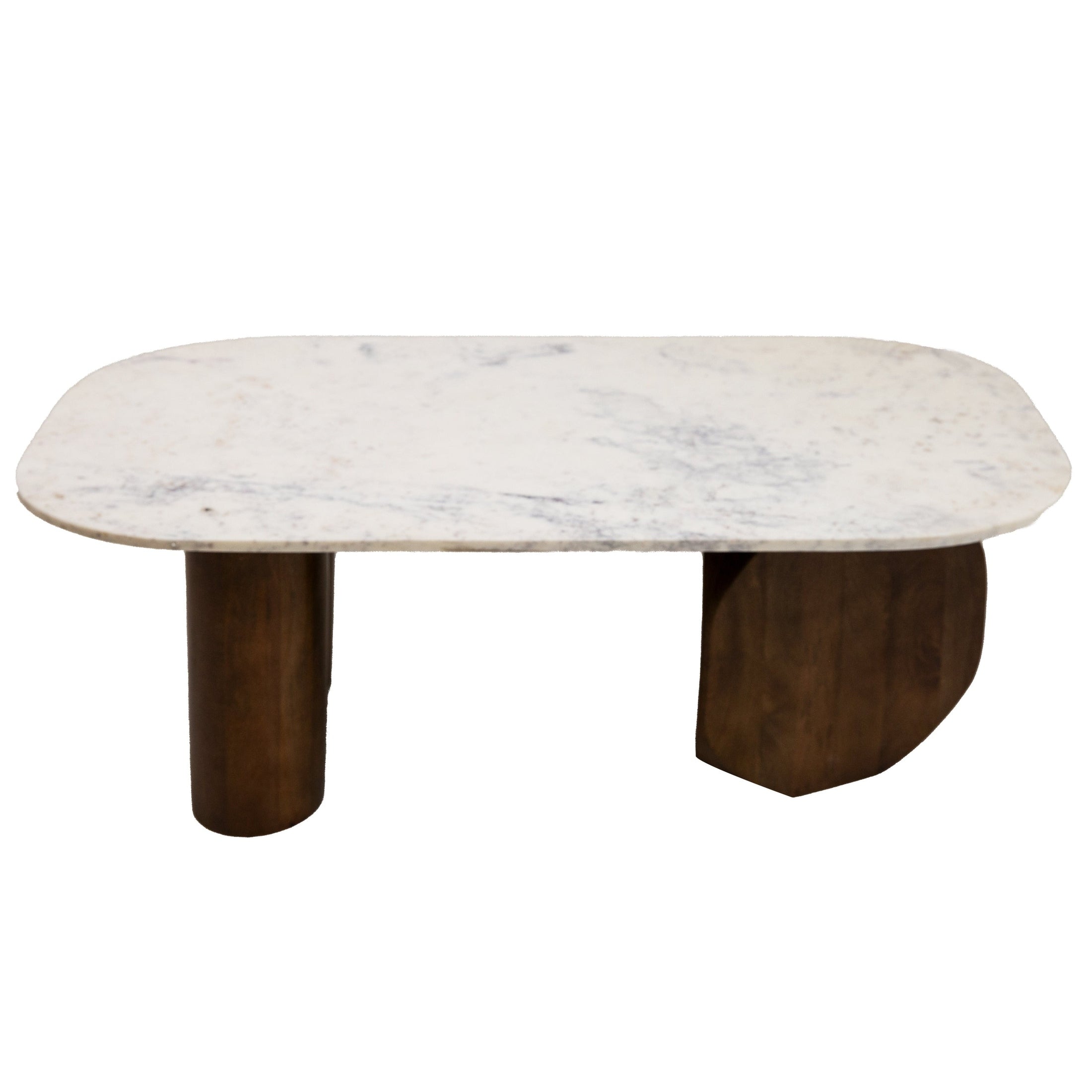 Front view of the Abelone coffee table featuring a pill-shaped white marble top with grey veining supported by three chunky dark wood cylindrical and semi-circle legs