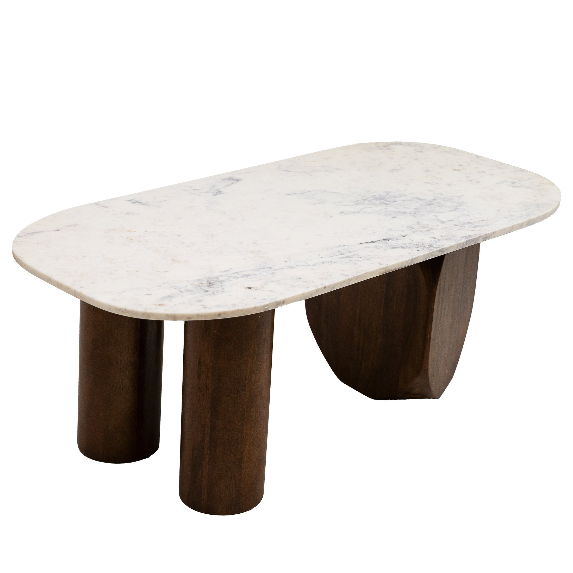 Front view of the Abelone coffee table featuring a pill-shaped white marble top with grey veining supported by three chunky dark wood cylindrical and semi-circle legs