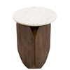 High-angle perspective view of the Abelone side table featuring a circular white marble top and a chunky dark wood pedestal base with vertical carved details