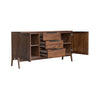 Perspective view with both doors and all three drawers open showcasing the extensive storage capacity