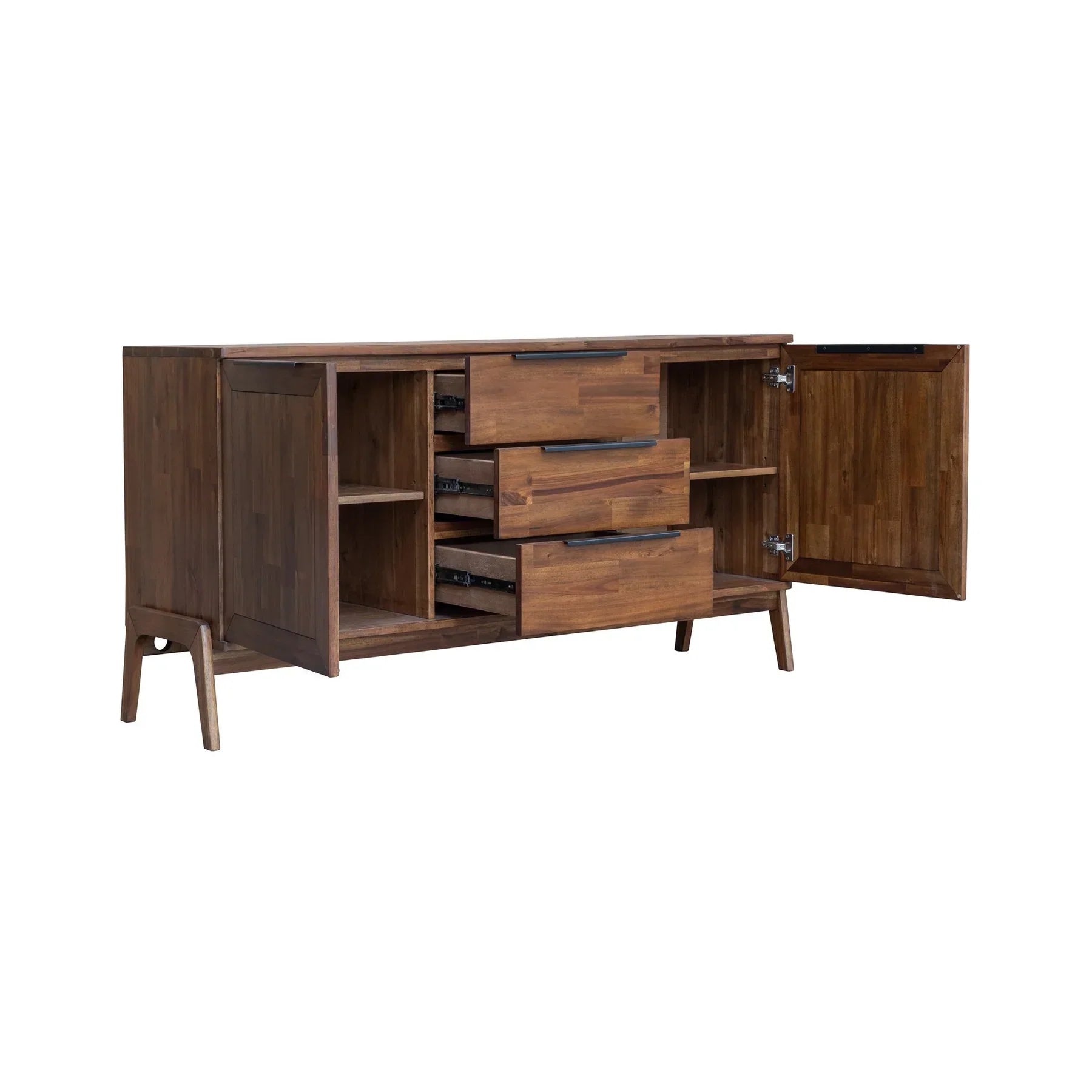 Front view of the Remix sideboard featuring a warm acacia wood finish with a 3-drawer central unit and two side cabinets