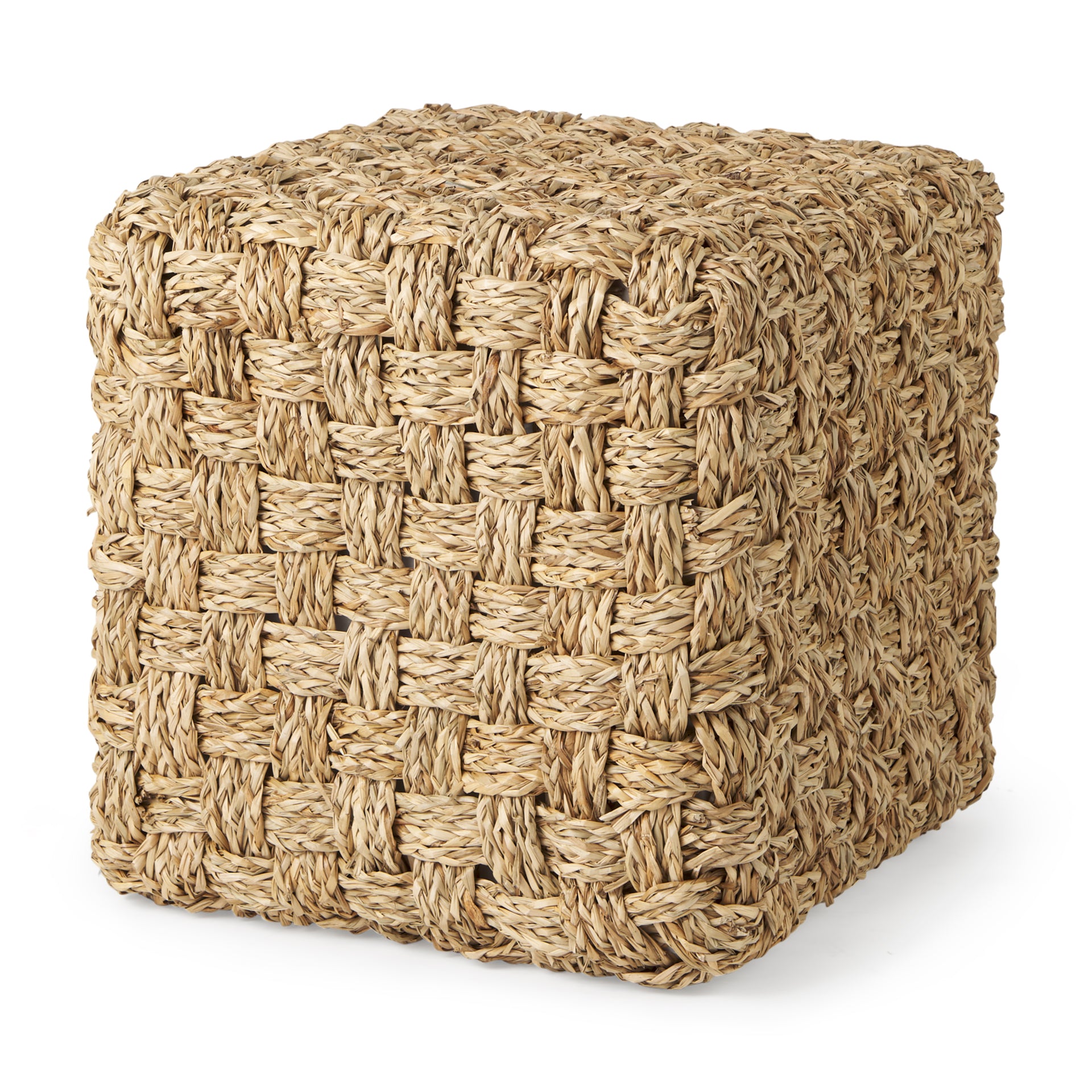 High-angled perspective showcasing the uniform square silhouette and handcrafted texture of the seagrass pouf
