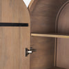 Detailed view of the internal black metal hinge and hardware against the light brown wood interior