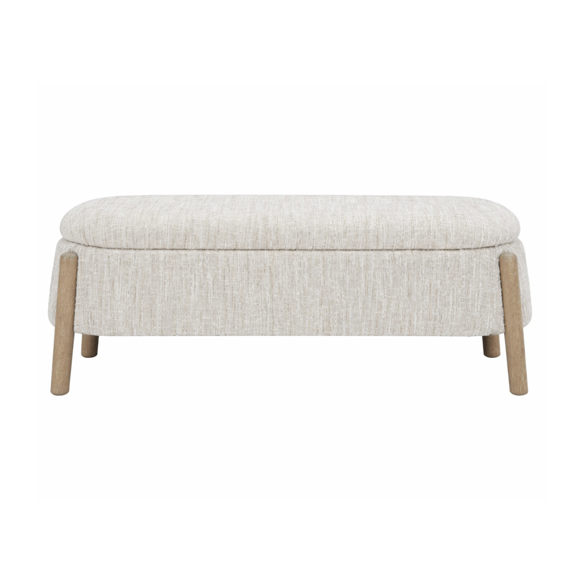 Front view of the Aero storage bench featuring cream textured upholstery and four tapered natural wood legs in a minimalist pill-shaped design