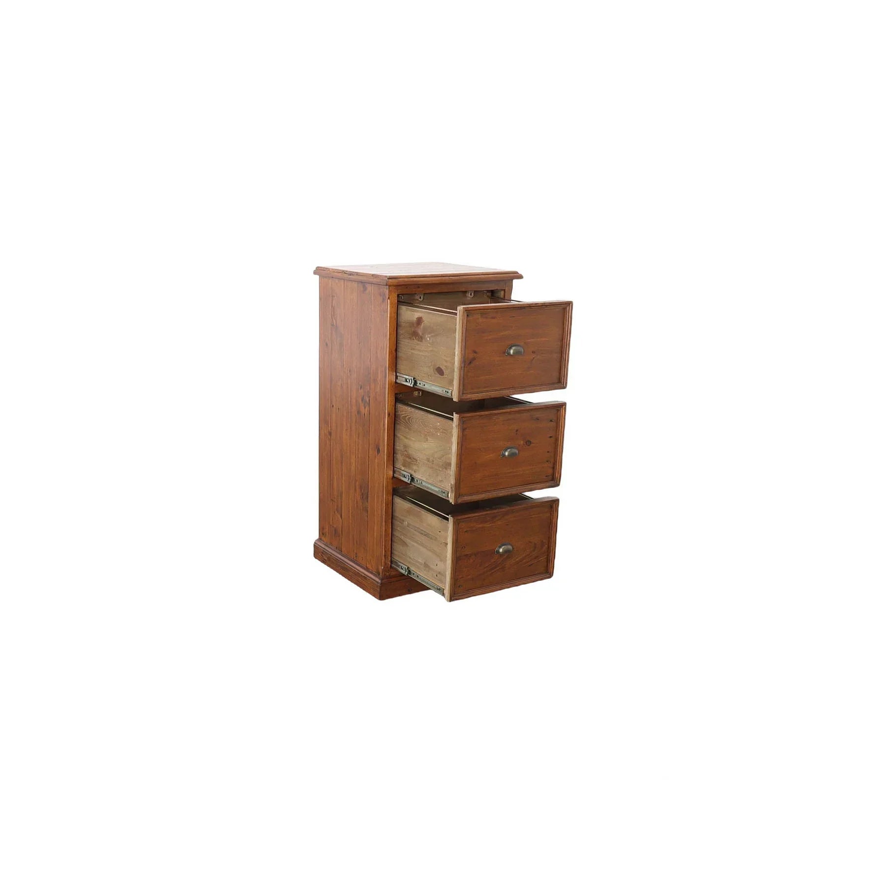 Three-quarter perspective view with all three drawers partially extended to show the internal storage capacity