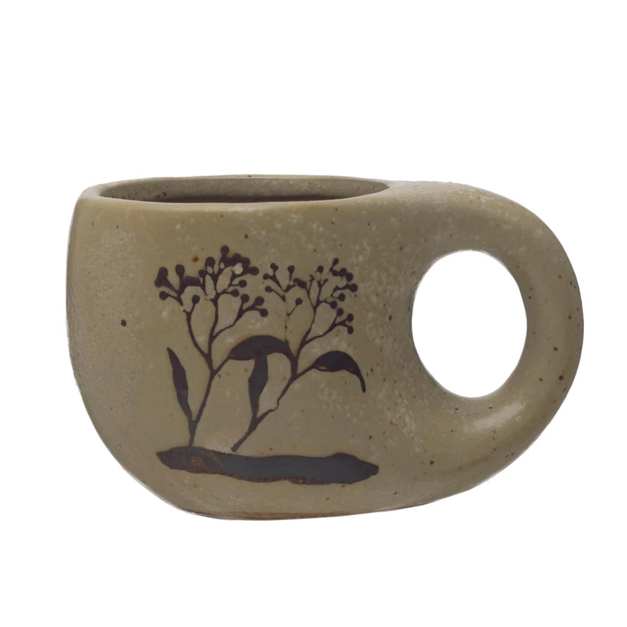 12 oz. Stoneware Mug w/ Wax Relief Floral Image, Reactive Glaze