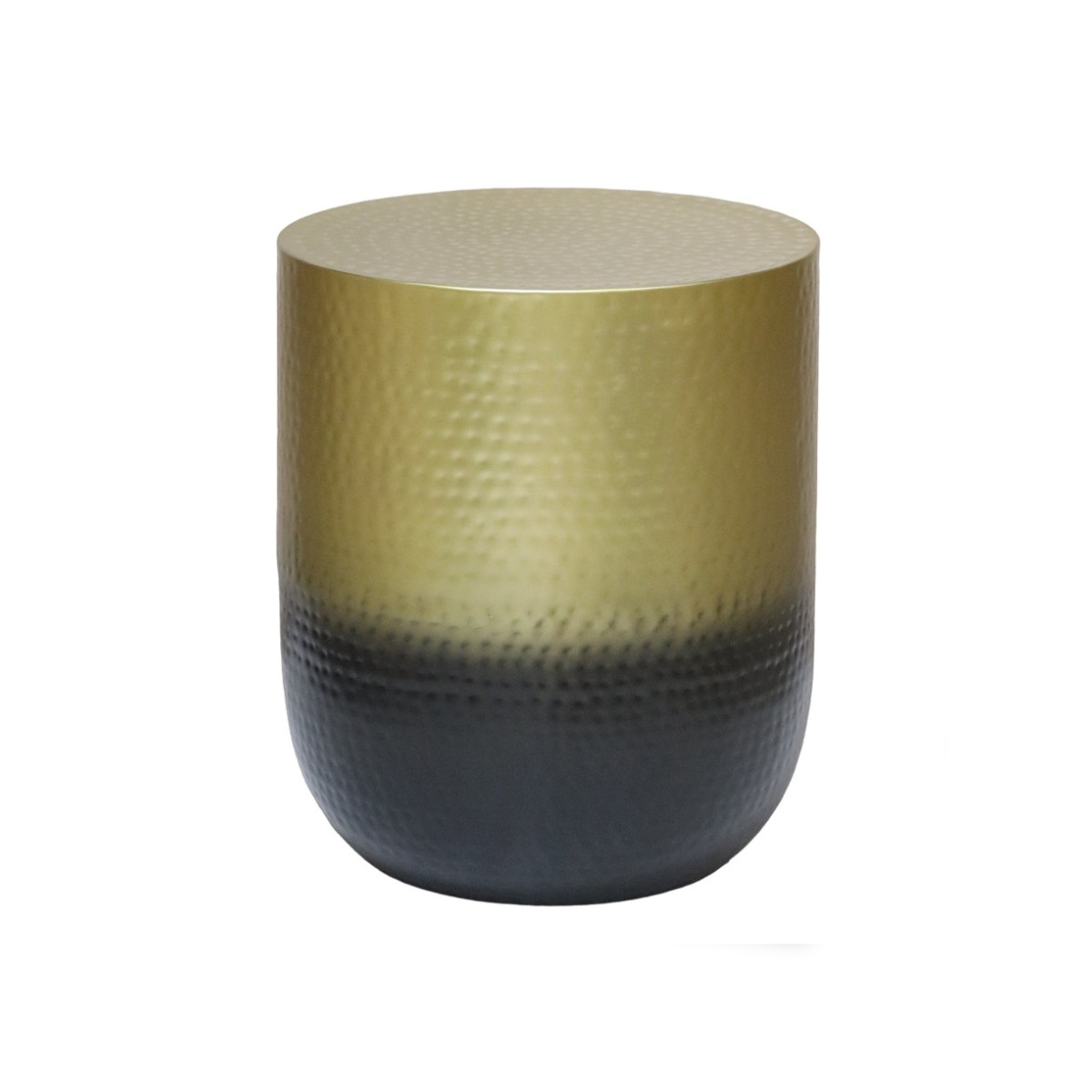 Front view of the Aika drum-style side table featuring a dimpled hammered metal texture with a gold top half and a black bottom half