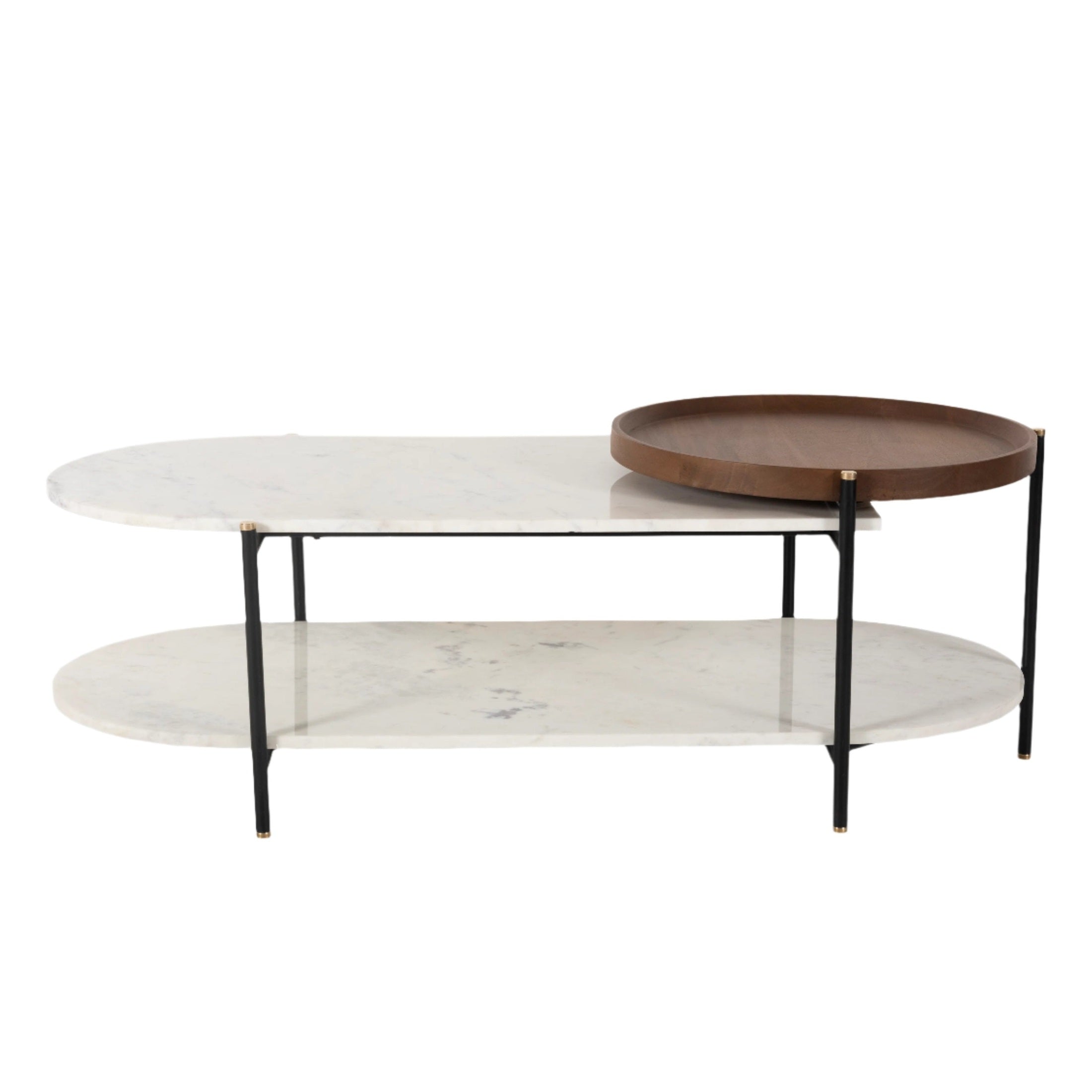 Front view of the Aika coffee table featuring two tiers of oval white marble and an integrated circular mango wood swivel tray on a black metal frame