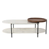 Front view of the Aika coffee table featuring two tiers of oval white marble and an integrated circular mango wood swivel tray on a black metal frame