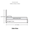 Side view technical drawing showing the queen size bed frame height and depth dimensions