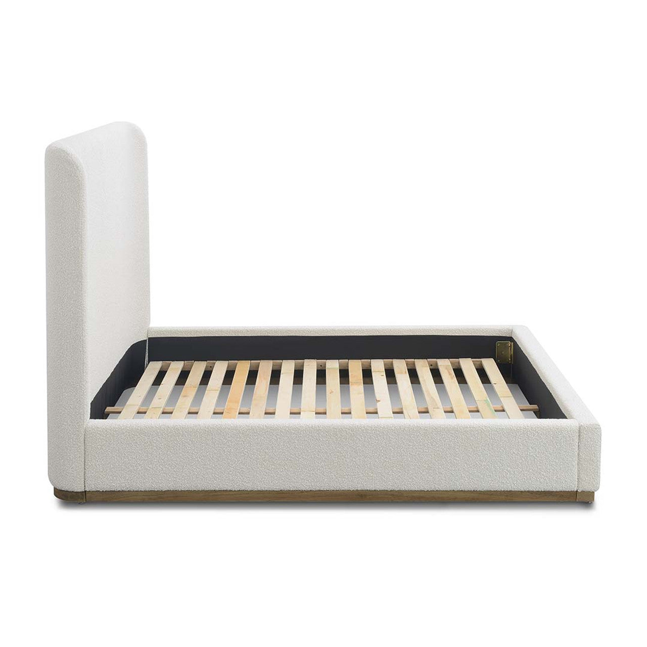 Front view of the Aino queen platform bed featuring a tall curved wingback headboard and off-white bouclé upholstery