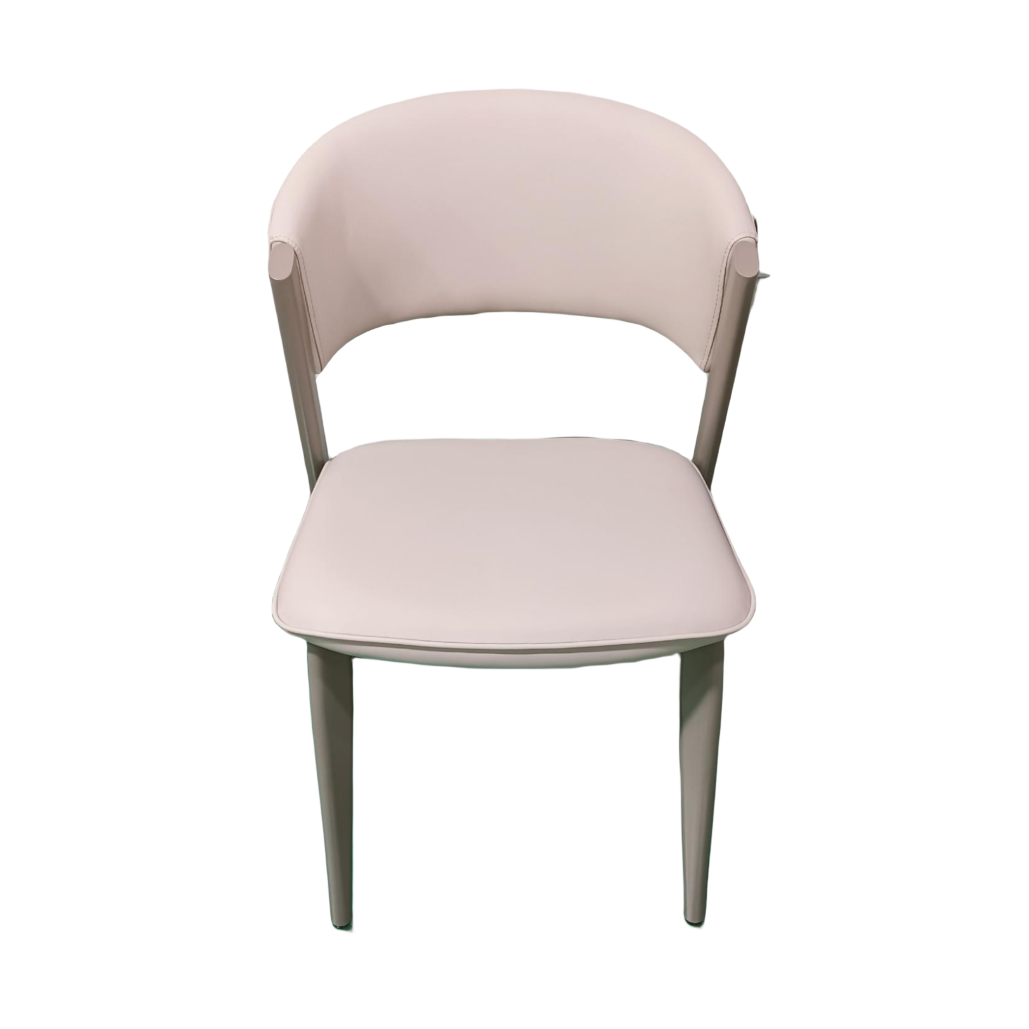Front view of the Akki dining chair featuring beige upholstery and a curved wrap-around backrest with tapered legs
