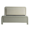 Front view of the Alba queen bed featuring a soft neutral fabric and a distinctive rounded rectangular headboard and footboard design