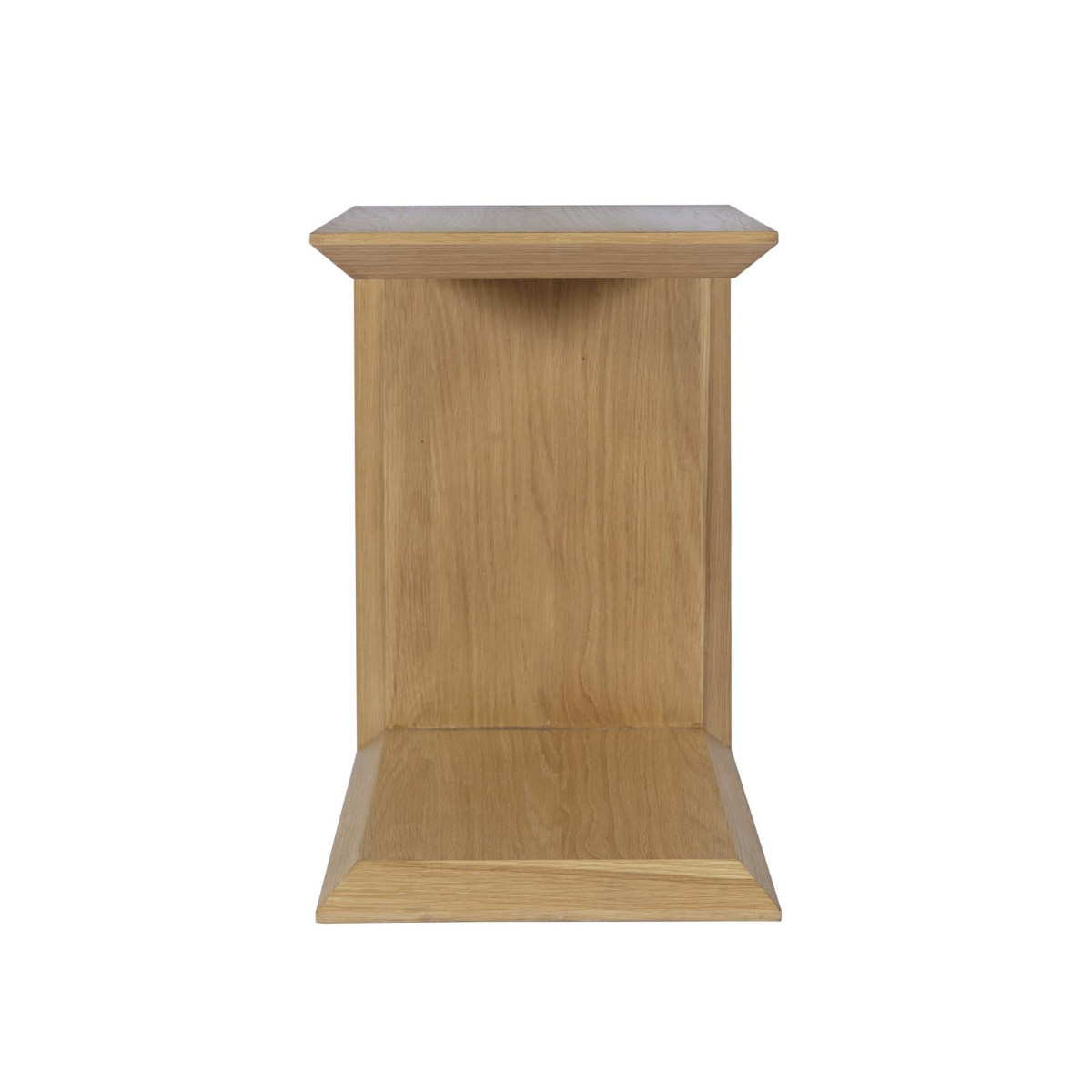 Front-facing view showcasing the clean lines and solid wood construction of the C-shaped oak accent table