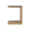 Side profile view of the Aldo C-shape side table in natural oak featuring a minimalist cantilevered design and beveled edges