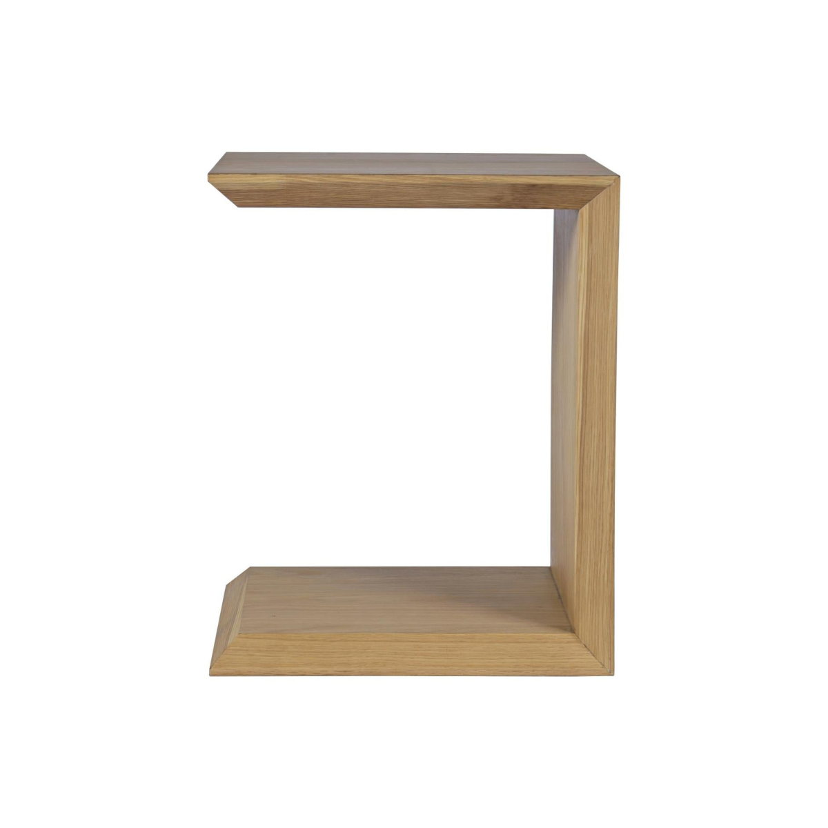 Side profile view of the Aldo C-shape side table in natural oak featuring a minimalist cantilevered design and beveled edges