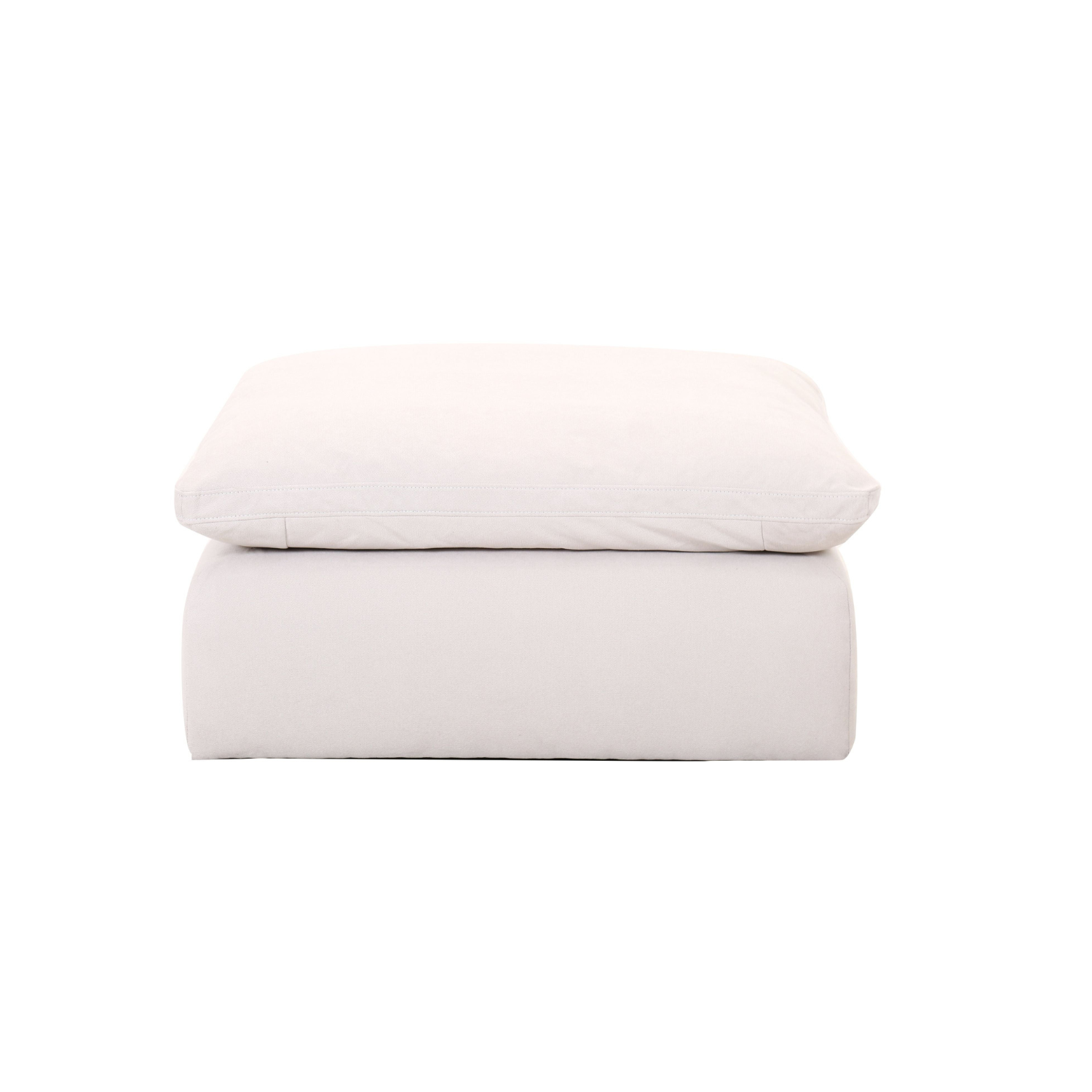 Front view of the Alex modular ottoman featuring a plush light gray fabric and a comfortable overstuffed pillow-top design