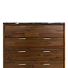 Straight-on front view highlighting the symmetrical walnut wood grain panels and the slim horizontal metal hardware