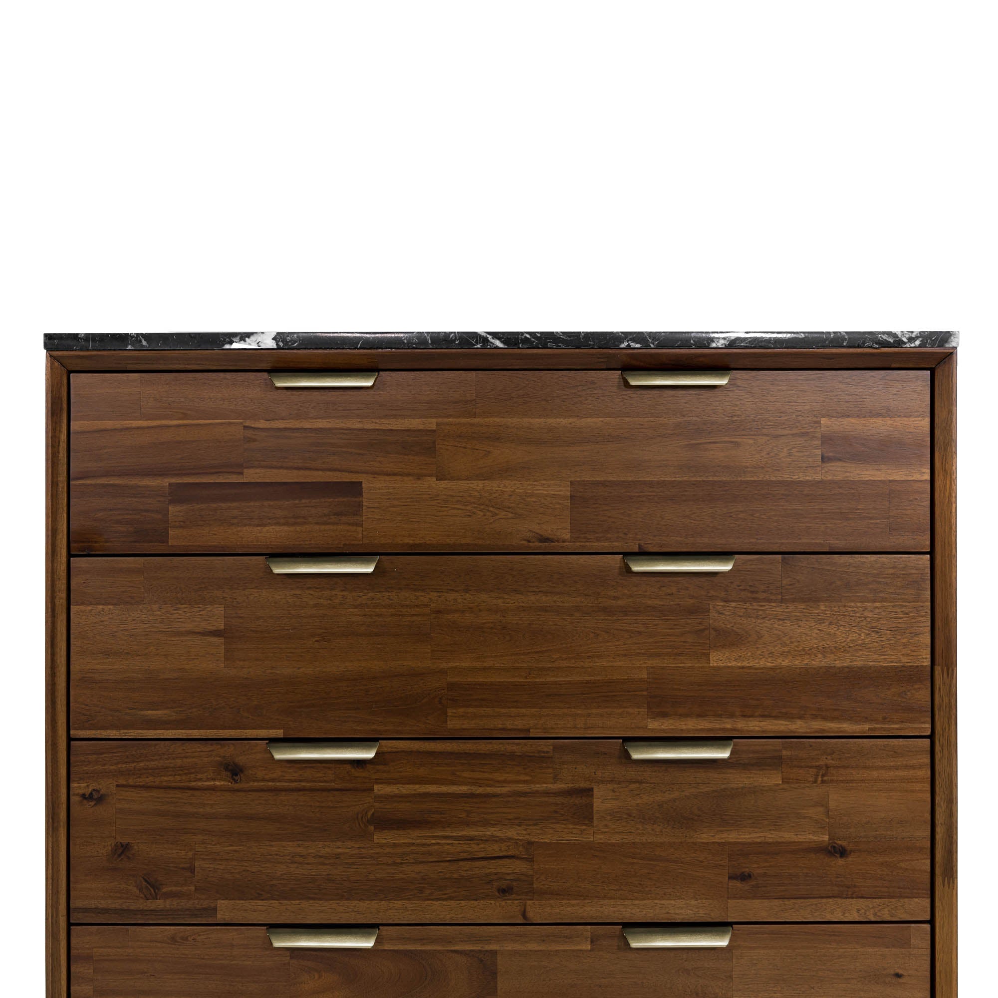 Front view of the Allure 4-drawer vertical chest featuring a rich walnut wood finish and a striking black faux marble top surface
