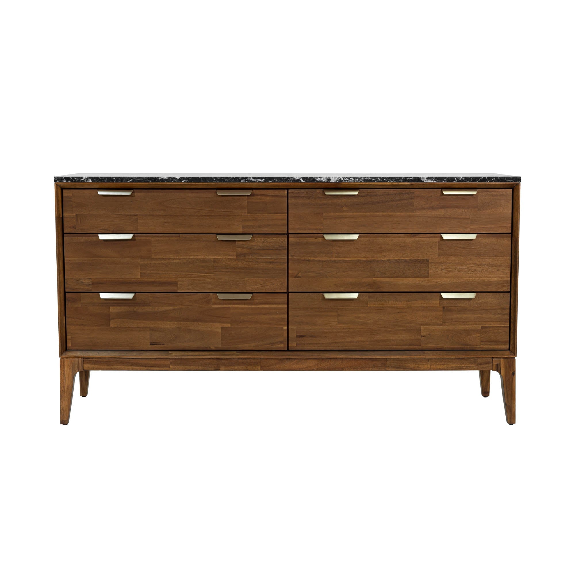 Front view of the Allure 6-drawer dresser featuring a rich walnut wood finish and a striking black faux marble top surface