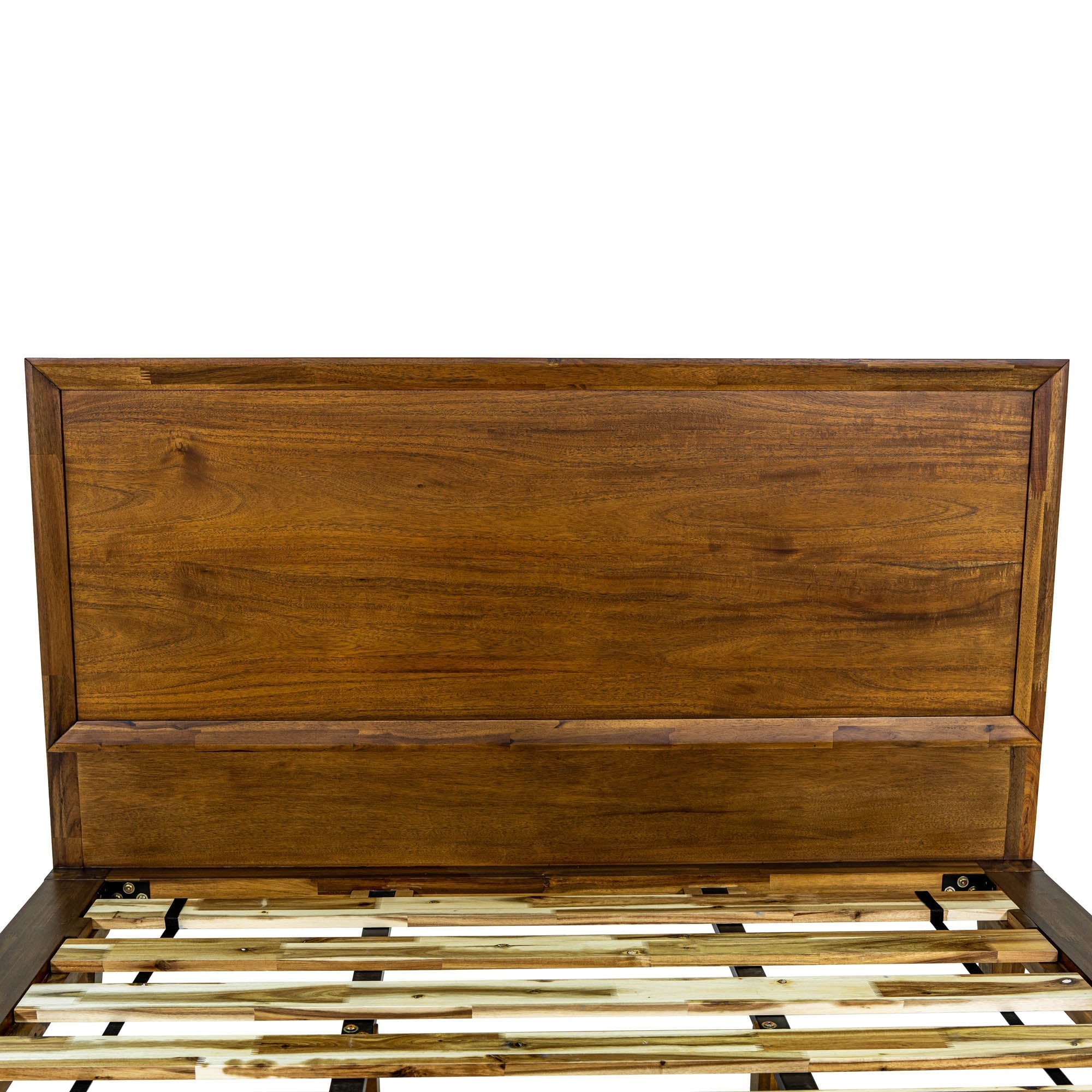 Front view of the Allure platform bed featuring a clean-lined solid wood headboard in a rich walnut finish