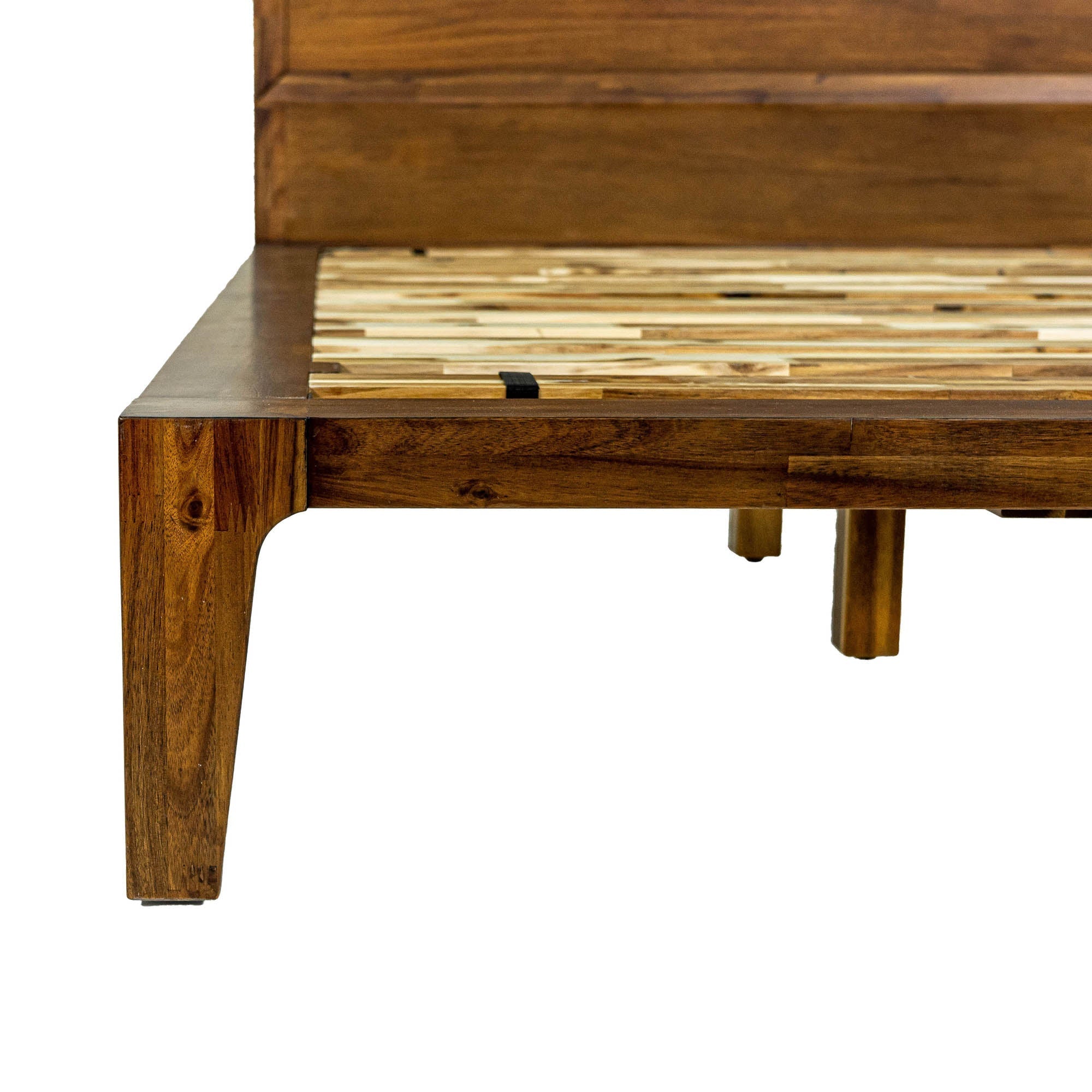 Front view of the Allure platform bed featuring a clean-lined solid wood headboard in a rich walnut finish
