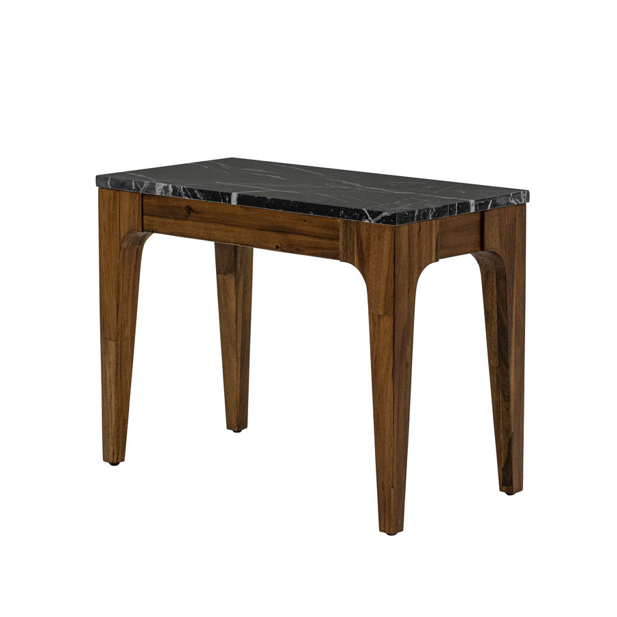 Three-quarter view of the Allure side table featuring a thick black marble top with white veining and a tapered walnut wood frame