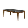 Front view of the Allure coffee table featuring a rectangular black marble top with white veining inset in a rich walnut wood frame