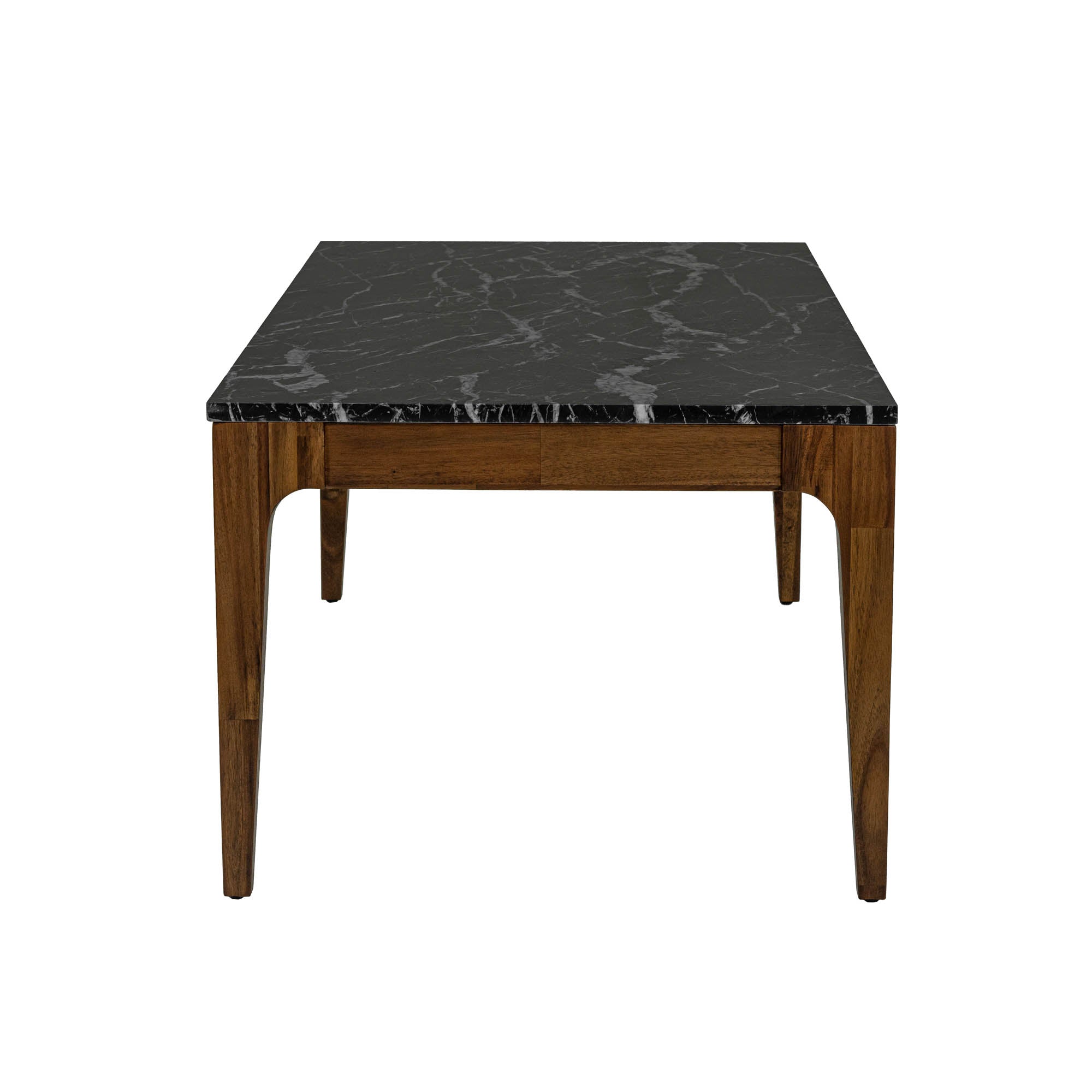 Front view of the Allure coffee table featuring a rectangular black marble top with white veining inset in a rich walnut wood frame