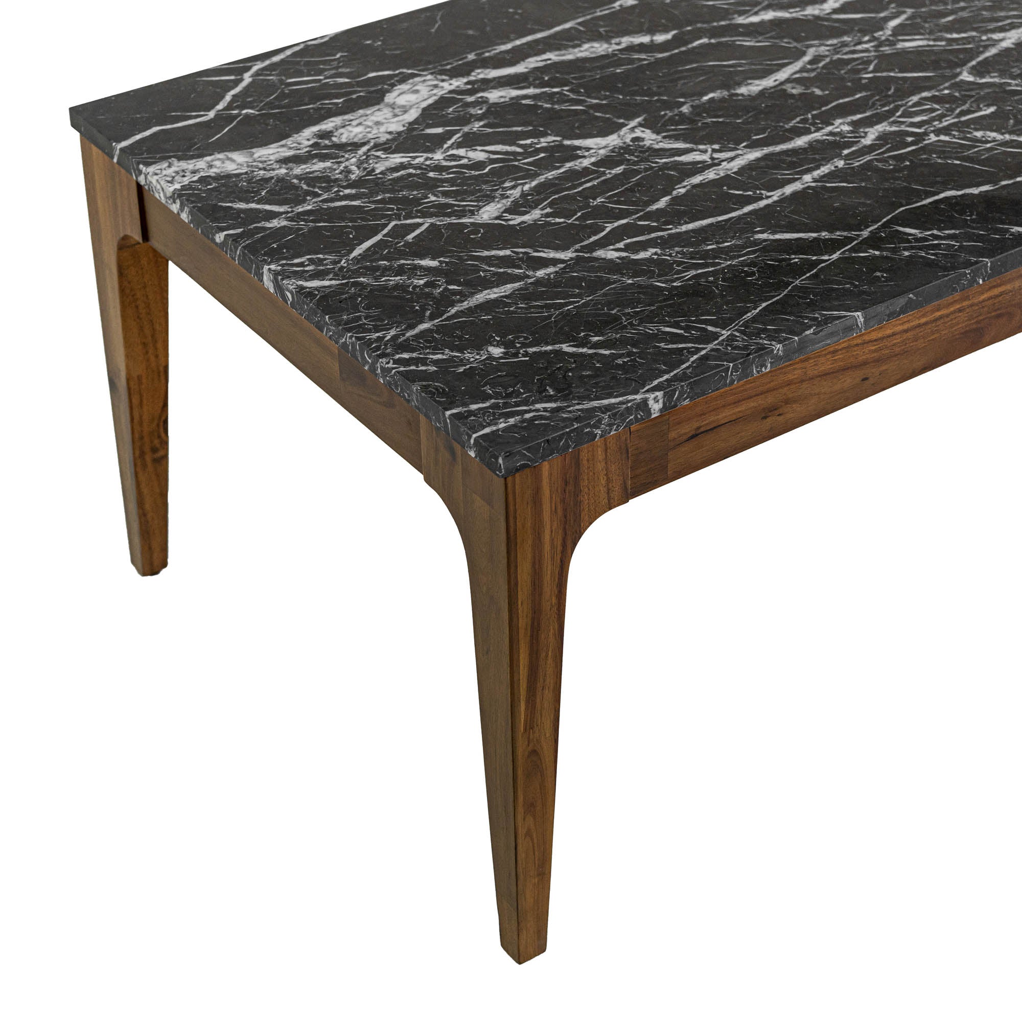 Front view of the Allure coffee table featuring a rectangular black marble top with white veining inset in a rich walnut wood frame