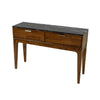 High-angle perspective view focusing on the elongated rectangular marble top and the sturdy architectural wood frame