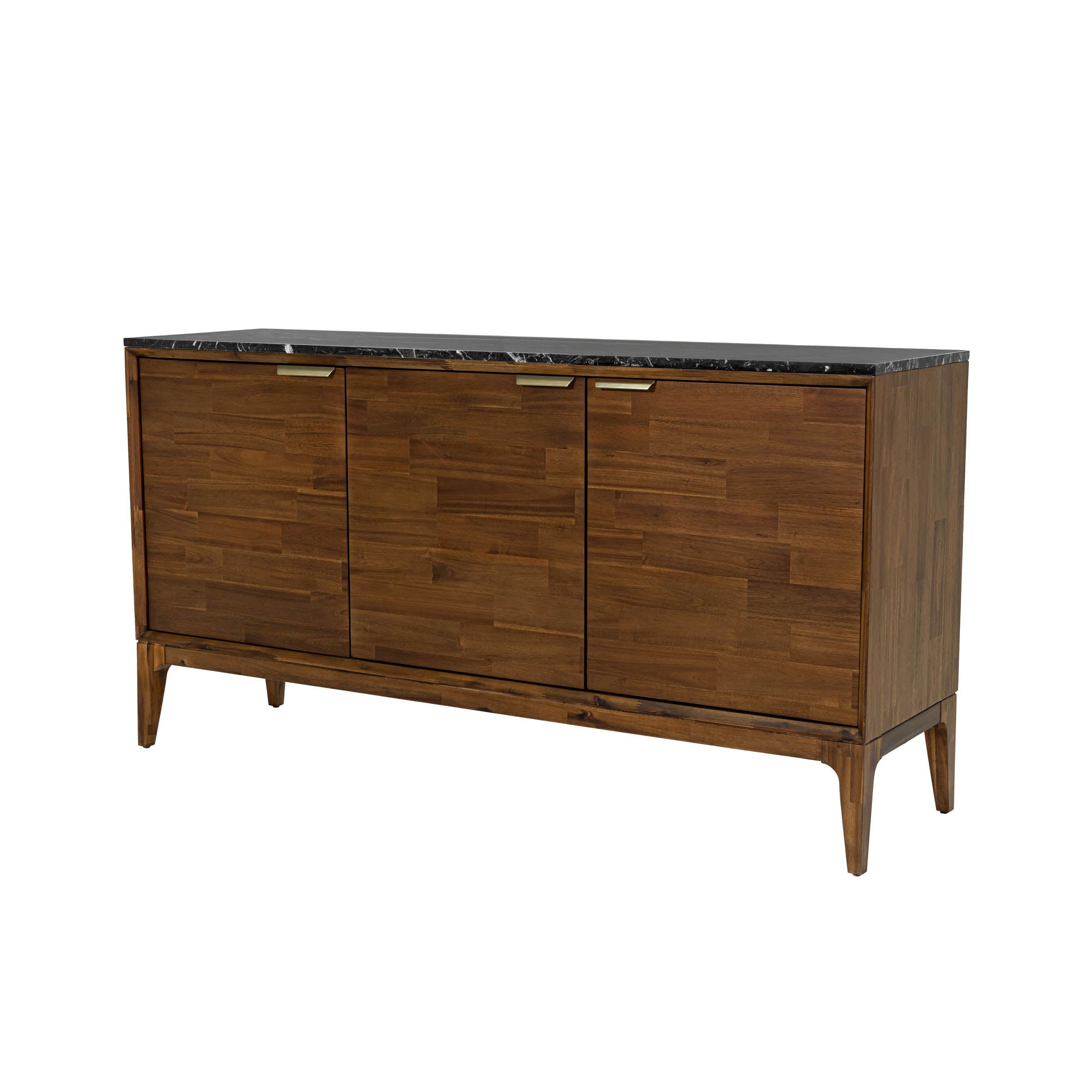 Straight-on front view highlighting the symmetrical wood grain patterns across the three storage doors and the slim gold handles