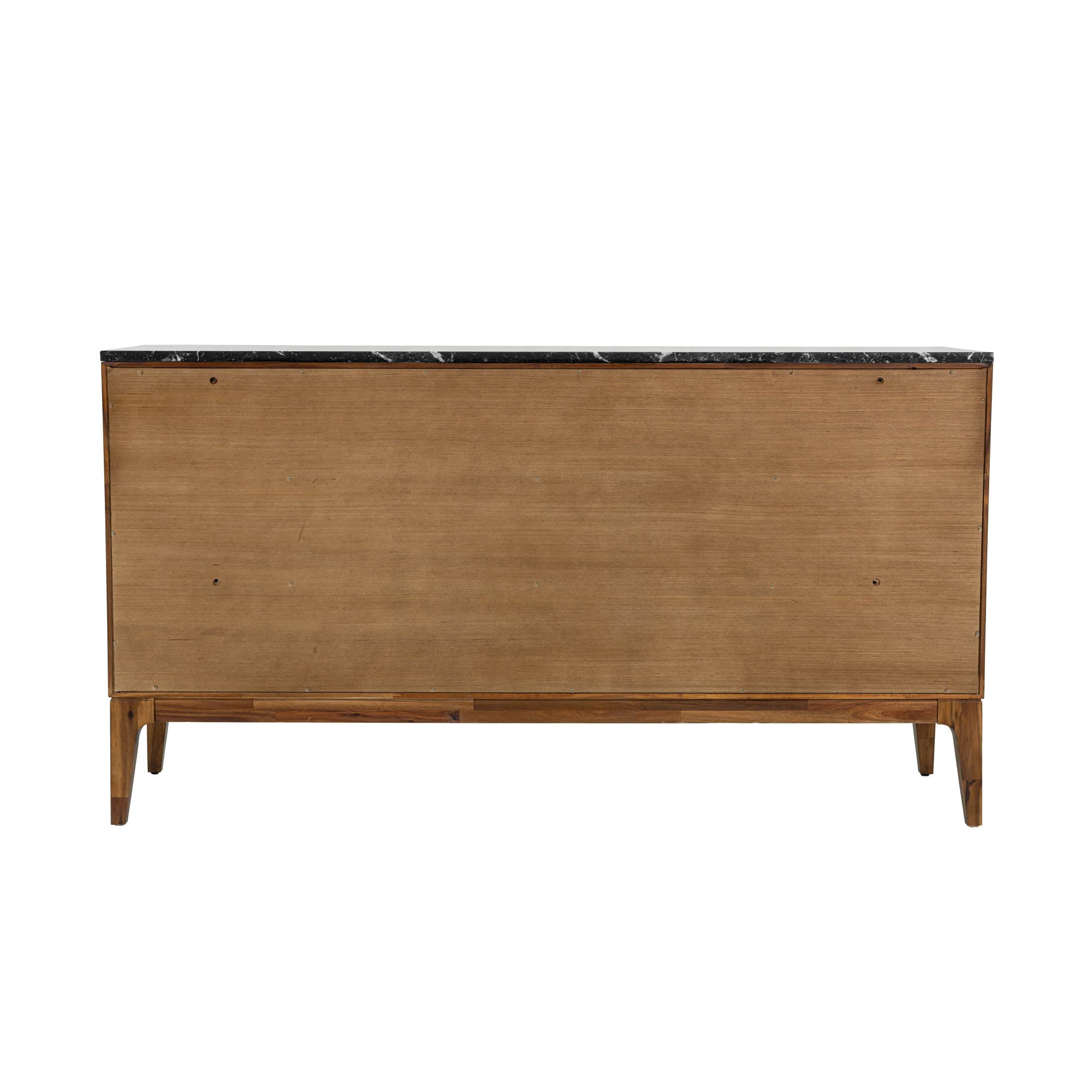 Front view of the Allure 6-drawer dresser featuring a rich walnut wood finish and a striking black faux marble top surface