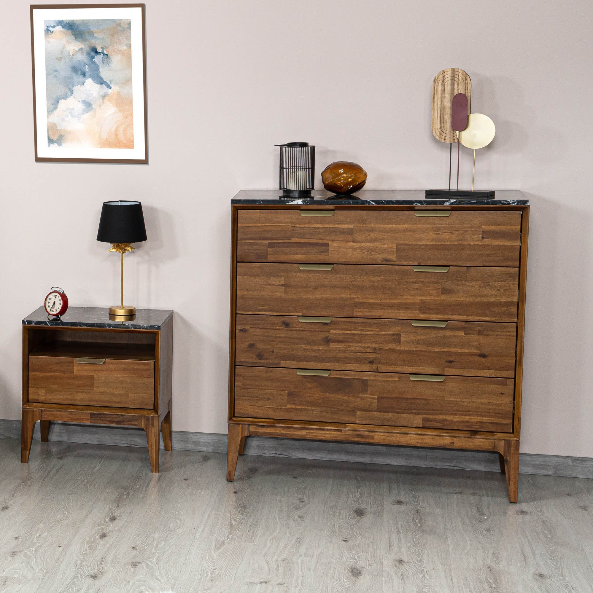 Front view of the Allure 4-drawer vertical chest featuring a rich walnut wood finish and a striking black faux marble top surface